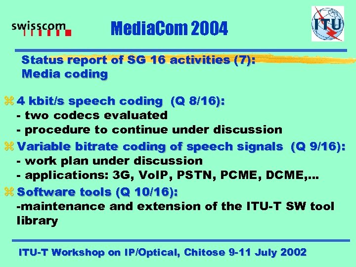 Media. Com 2004 Status report of SG 16 activities (7): Media coding z 4