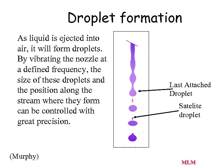 Droplet formation As liquid is ejected into air, it will form droplets. By vibrating