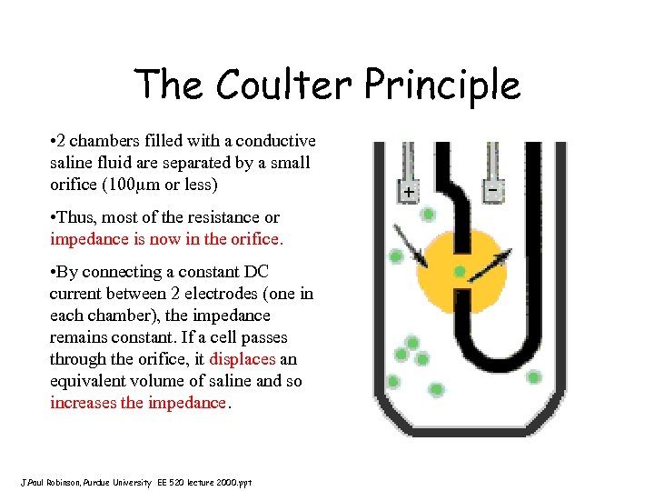 The Coulter Principle • 2 chambers filled with a conductive saline fluid are separated