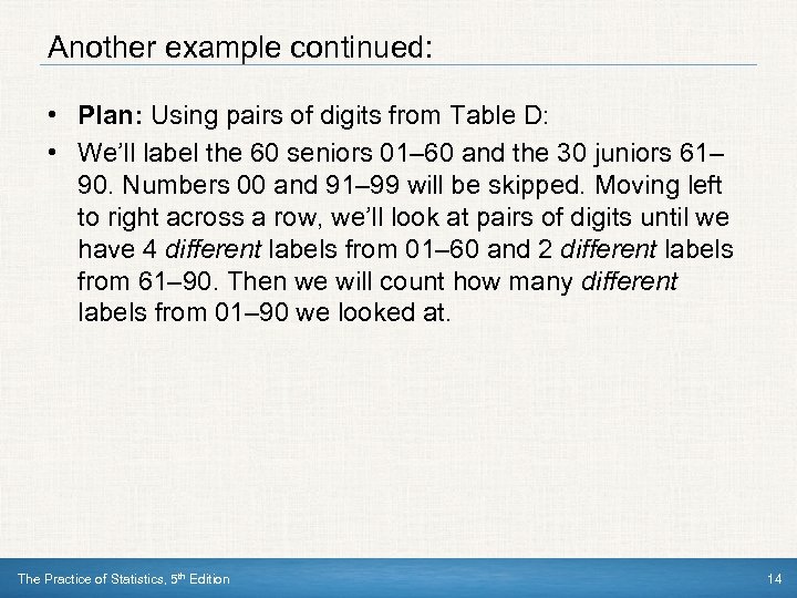 Another example continued: • Plan: Using pairs of digits from Table D: • We’ll