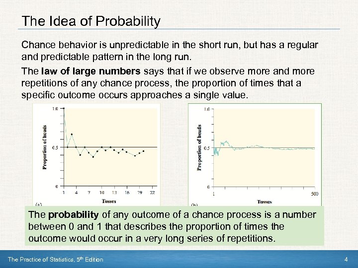 The Idea of Probability Chance behavior is unpredictable in the short run, but has