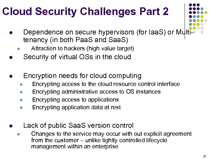 Cloud Security Challenges Part 2 Dependence on secure hypervisors (for Iaa. S) or Multitenancy