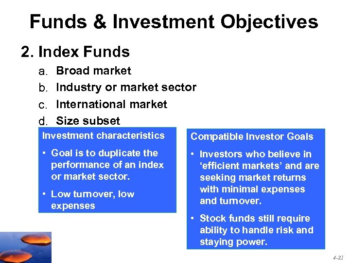 Funds & Investment Objectives 2. Index Funds a. b. c. d. Broad market Industry