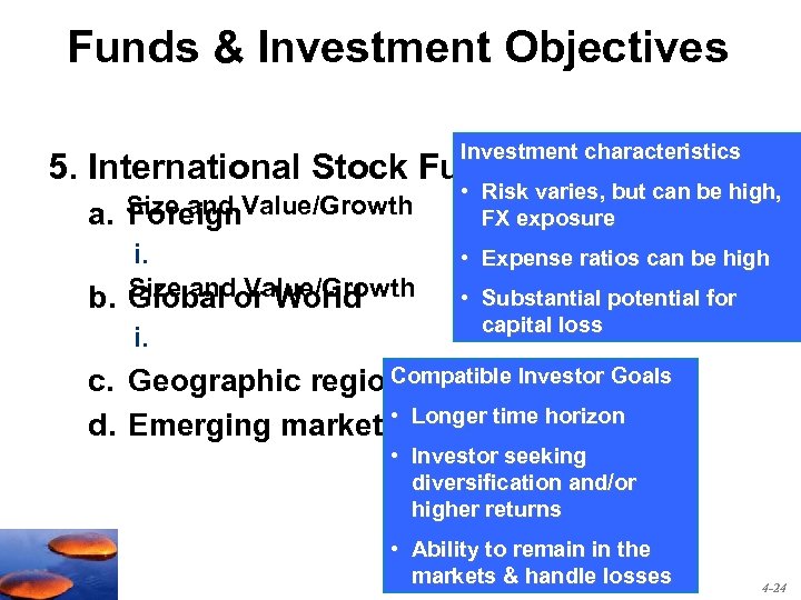 Funds & Investment Objectives Investment characteristics 5. International Stock Funds a. Size and Value/Growth