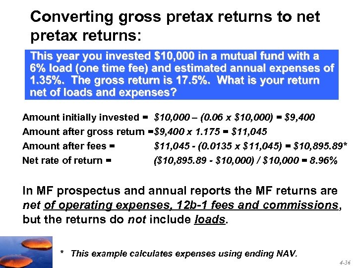 Converting gross pretax returns to net pretax returns: Amount initially invested = $10, 000