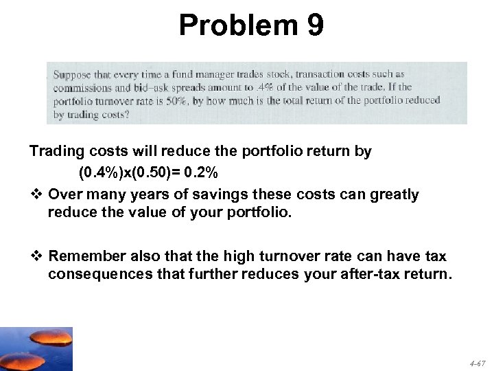 Problem 9 Trading costs will reduce the portfolio return by (0. 4%)x(0. 50)= 0.