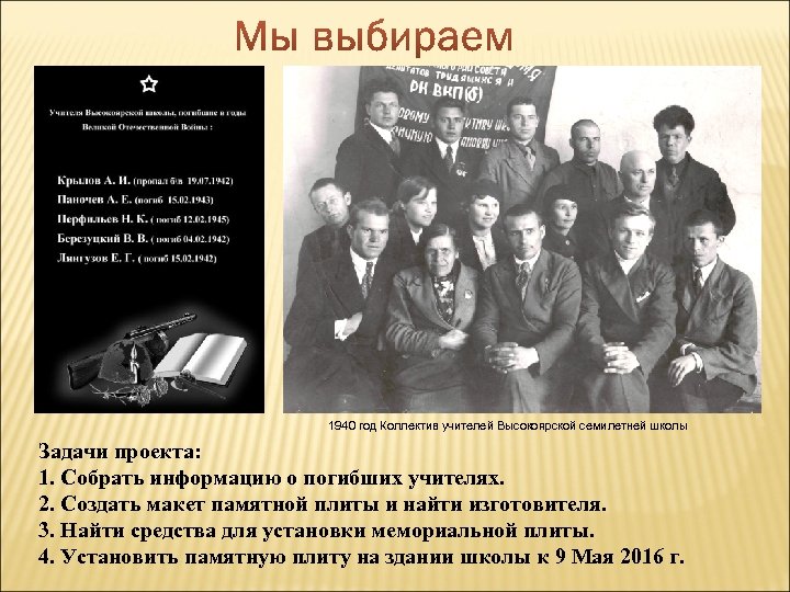 1940 год Коллектив учителей Высокоярской семилетней школы Задачи проекта: 1. Собрать информацию о погибших