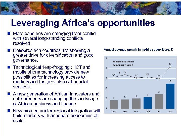 Leveraging Africa’s opportunities n More countries are emerging from conflict, with several long-standing conflicts