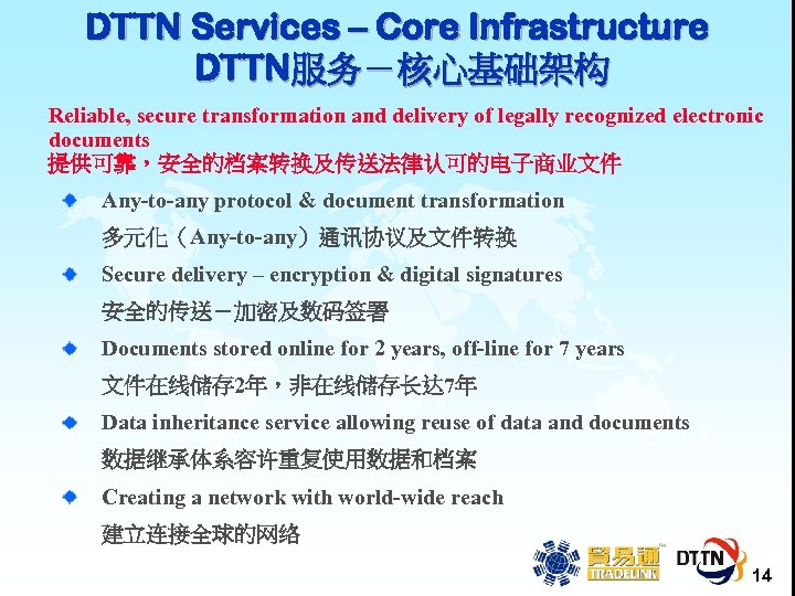 DTTN Services – Core Infrastructure DTTN服务－核心基础架构 Reliable, secure transformation and delivery of legally recognized