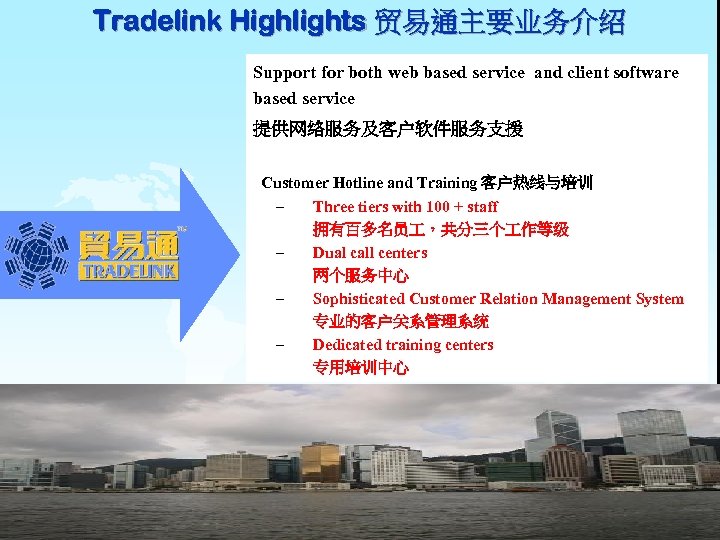 Tradelink Highlights 贸易通主要业务介绍 Support for both web based service and client software based service