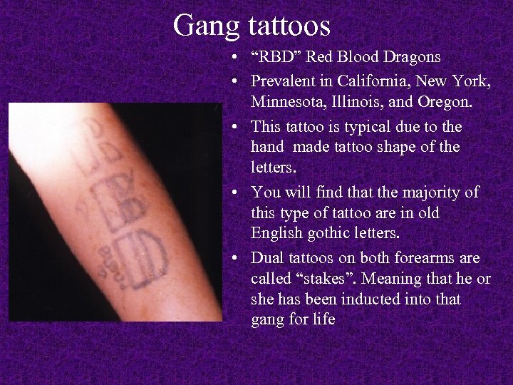 Gang tattoos • “RBD” Red Blood Dragons • Prevalent in California, New York, Minnesota,