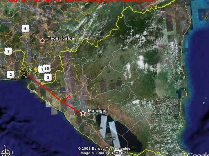 Red line = our path of slide and Google Earth investigation 