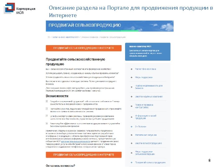 Описание раздела на Портале для продвижения продукции в Интернете 8 