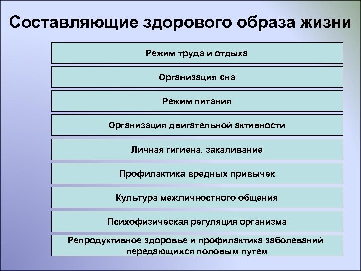 Составляющие здорового образа жизни Режим труда и отдыха Организация сна Режим питания Организация двигательной