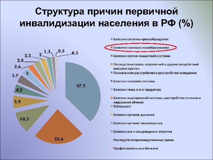 Структура причин первичной инвалидизации населения в РФ (%) 