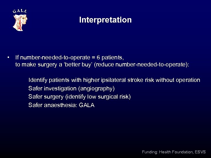 Interpretation • If number-needed-to-operate = 6 patients, to make surgery a ‘better buy’ (reduce