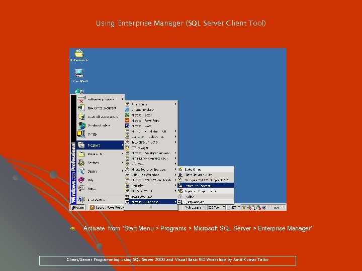 Using Enterprise Manager (SQL Server Client Tool) 8 Activate from “Start Menu > Programs