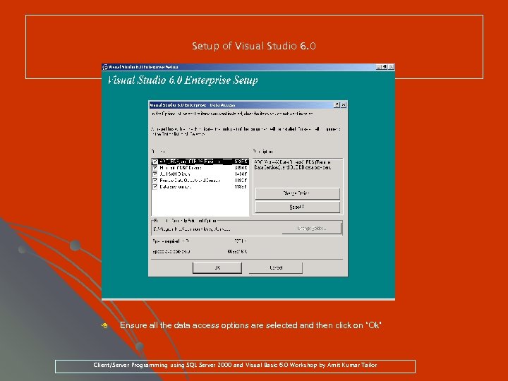 Setup of Visual Studio 6. 0 8 Ensure all the data access options are