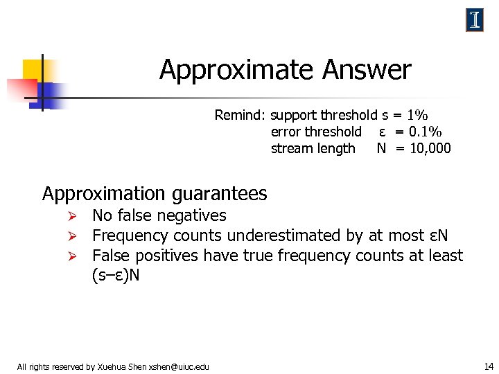 Approximate Answer Remind: support threshold s = 1% error threshold ε = 0. 1%