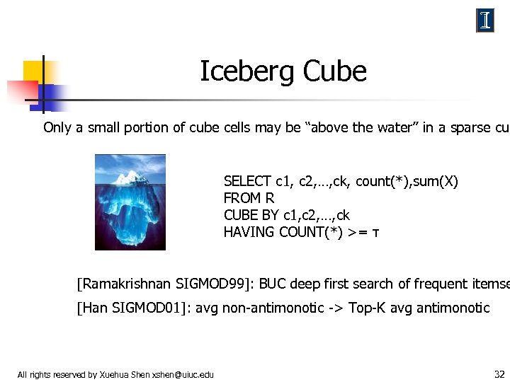 Iceberg Cube Only a small portion of cube cells may be “above the water’’