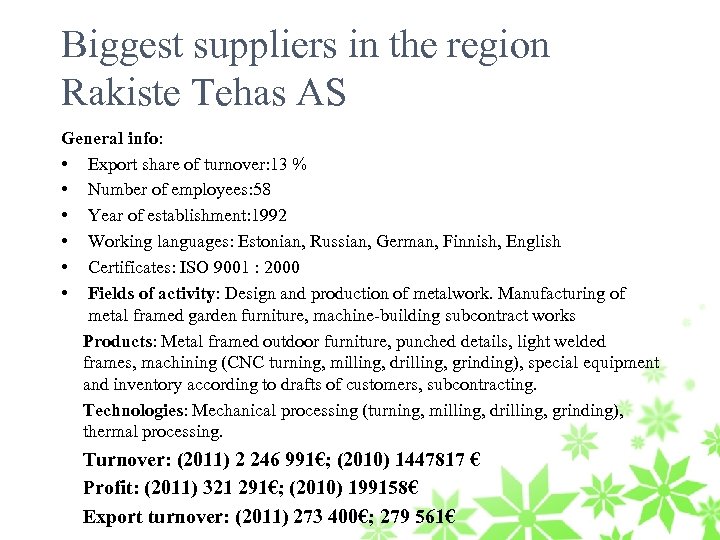 Biggest suppliers in the region Rakiste Tehas AS General info: • Export share of