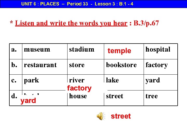 UNIT 6 : PLACES – Period 33 - Lesson 3 : B. 1 -