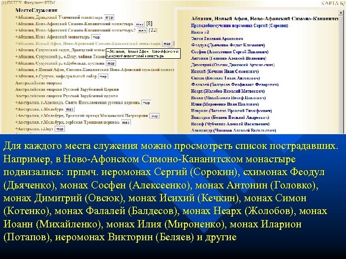 Для каждого места служения можно просмотреть список пострадавших. Например, в Ново-Афонском Симоно-Кананитском монастыре подвизались: