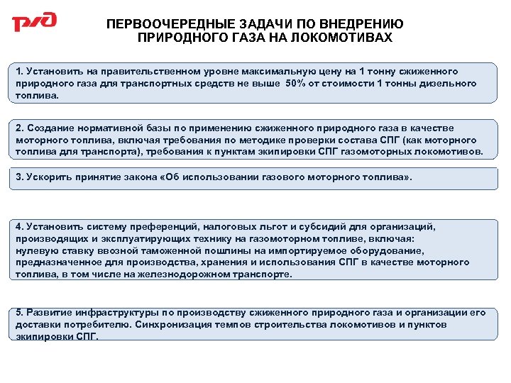 ПЕРВООЧЕРЕДНЫЕ ЗАДАЧИ ПО ВНЕДРЕНИЮ ПРИРОДНОГО ГАЗА НА ЛОКОМОТИВАХ 1. Установить на правительственном уровне максимальную