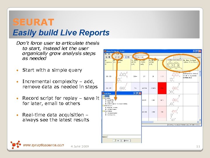 SEURAT Easily build Live Reports Don’t force user to articulate thesis to start, instead