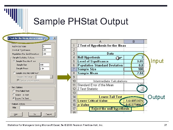 Sample PHStat Output Input Output Statistics for Managers Using Microsoft Excel, 5 e ©