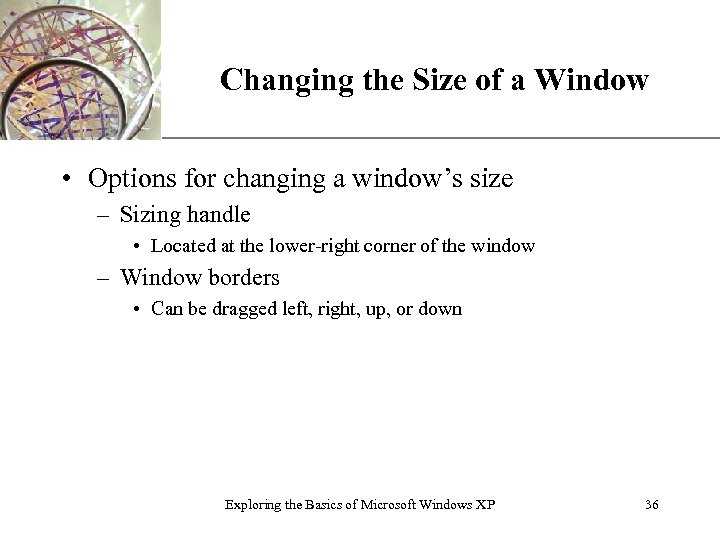 Changing the Size of a Window XP • Options for changing a window’s size