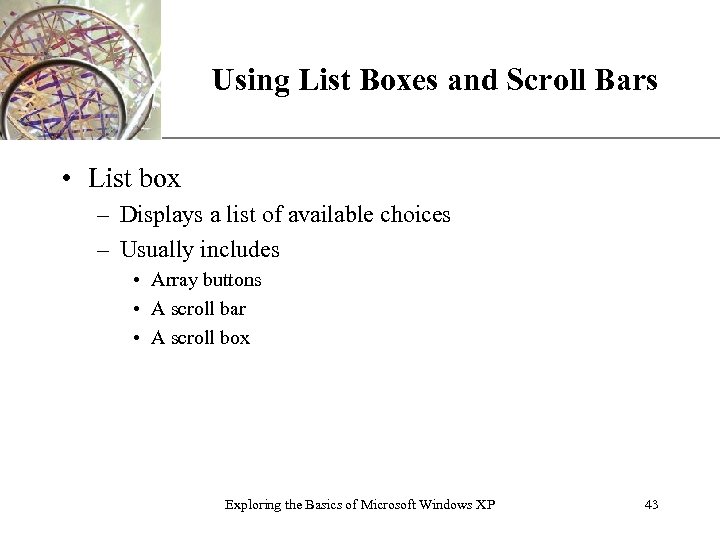 XP Using List Boxes and Scroll Bars • List box – Displays a list