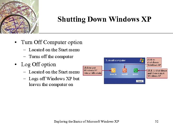 Shutting Down Windows XP XP • Turn Off Computer option – Located on the