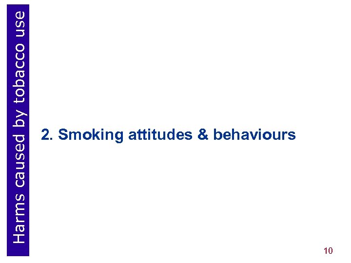 Harms caused by tobacco use 2. Smoking attitudes & behaviours 10 