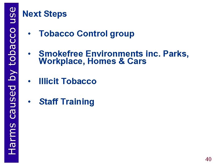 Harms caused by tobacco use Next Steps • Tobacco Control group • Smokefree Environments