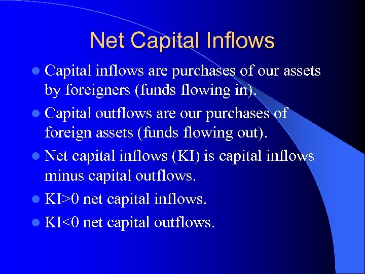 Net Capital Inflows l Capital inflows are purchases of our assets by foreigners (funds