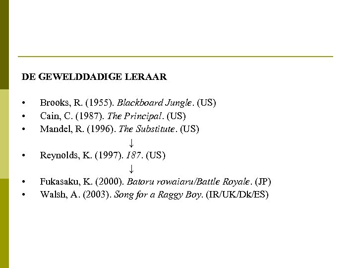 DE GEWELDDADIGE LERAAR • • • Brooks, R. (1955). Blackboard Jungle. (US) Cain, C.