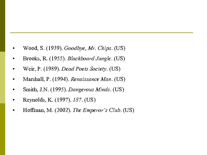  • Wood, S. (1939). Goodbye, Mr. Chips. (US) • Brooks, R. (1955). Blackboard