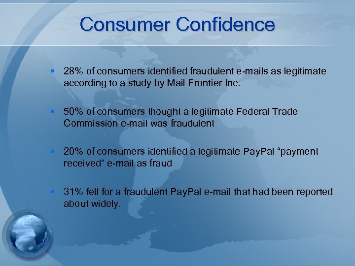 Consumer Confidence § 28% of consumers identified fraudulent e-mails as legitimate according to a