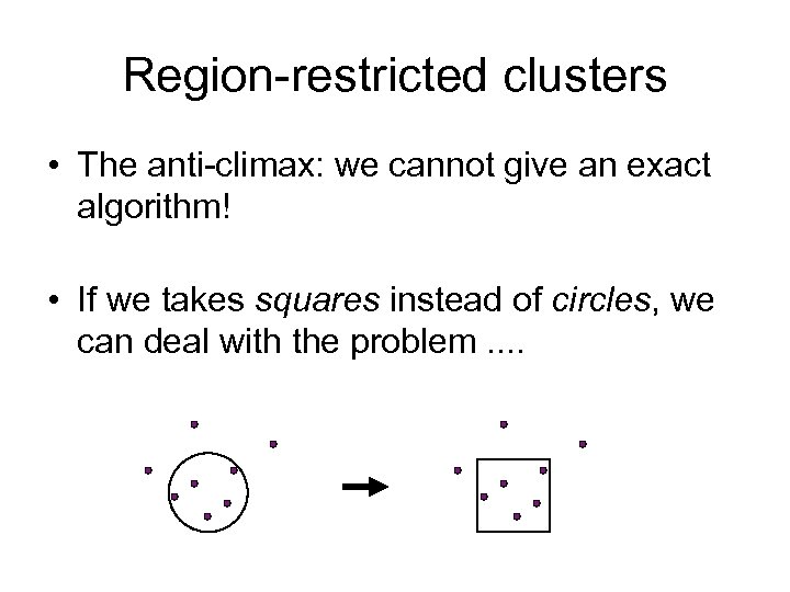 Region-restricted clusters • The anti-climax: we cannot give an exact algorithm! • If we