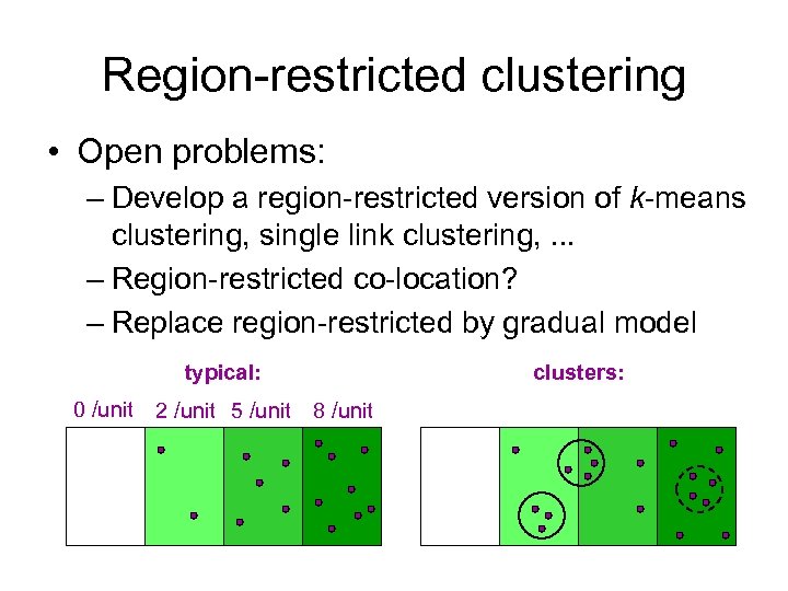 Region-restricted clustering • Open problems: – Develop a region-restricted version of k-means clustering, single