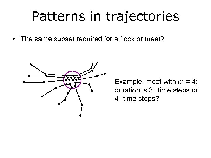 Patterns in trajectories • The same subset required for a flock or meet? Example:
