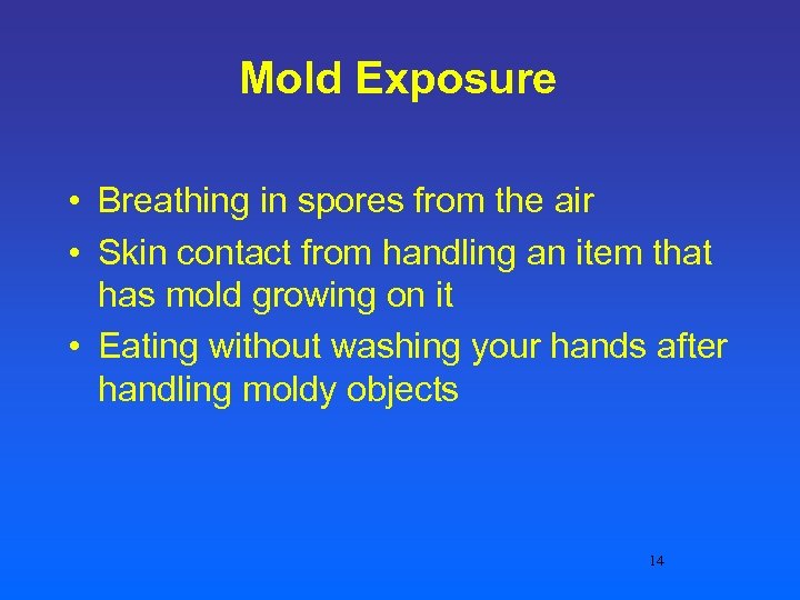 Mold Exposure • Breathing in spores from the air • Skin contact from handling