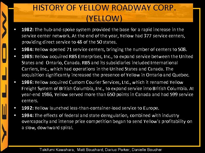 HISTORY OF YELLOW ROADWAY CORP. (YELLOW) • • • 1982: The hub-and-spoke system provided