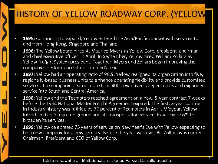 HISTORY OF YELLOW ROADWAY CORP. (YELLOW) • • • 1995: Continuing to expand, Yellow
