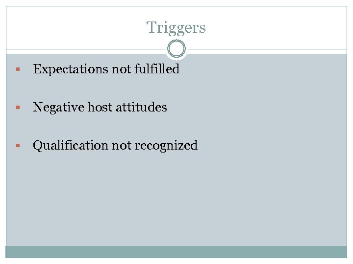 Triggers § Expectations not fulfilled § Negative host attitudes § Qualification not recognized 