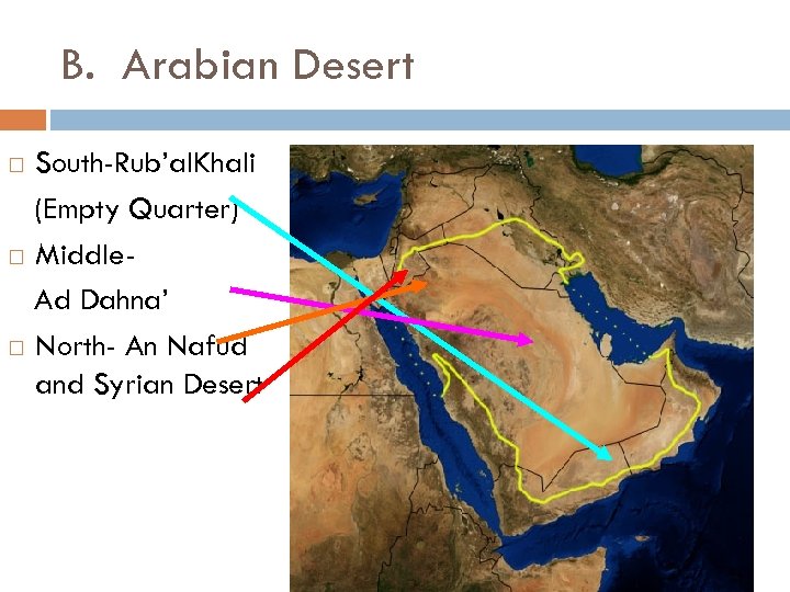 B. Arabian Desert South-Rub’al. Khali (Empty Quarter) Middle. Ad Dahna’ North- An Nafud and