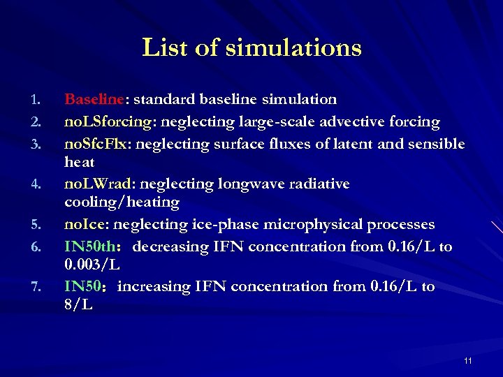 List of simulations 1. 2. 3. 4. 5. 6. 7. Baseline: standard baseline simulation