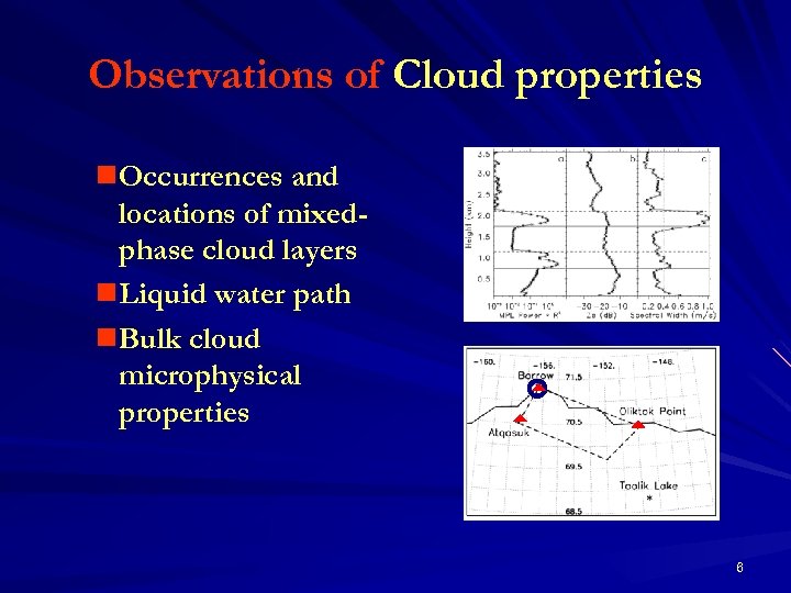 Observations of Cloud properties n Occurrences and locations of mixedphase cloud layers n Liquid