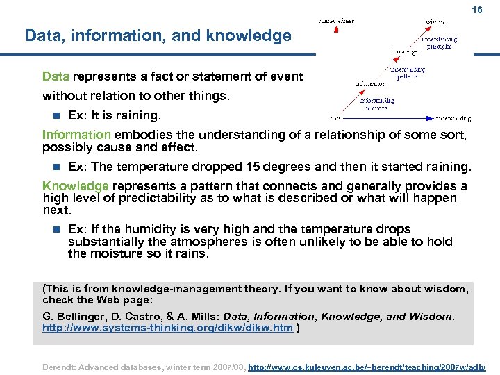 16 Data, information, and knowledge Data represents a fact or statement of event without